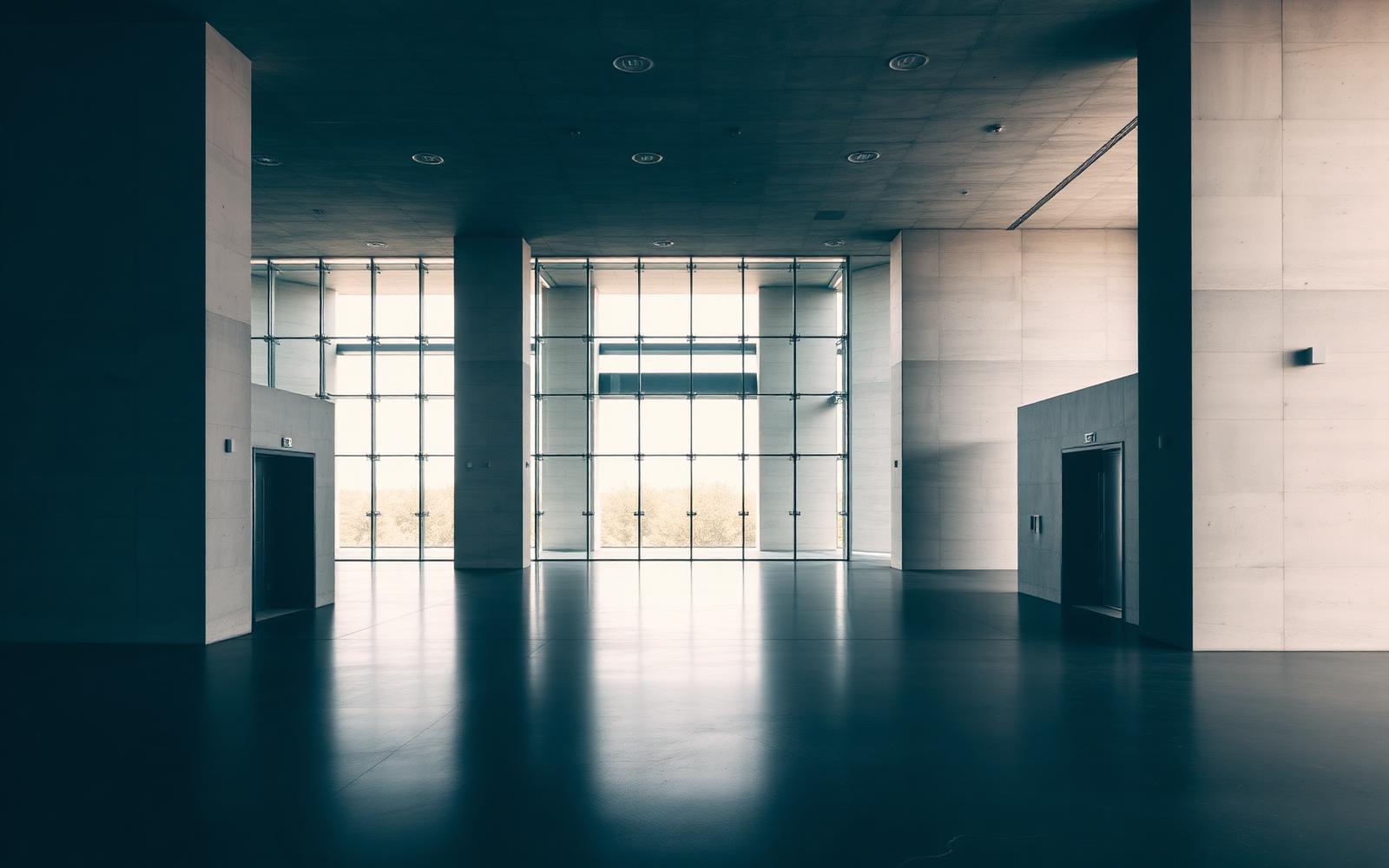 Quiet concrete and glass lobby of a modern office building