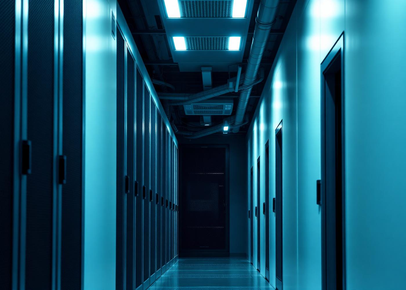 Server racks in a cloud data centre corridor