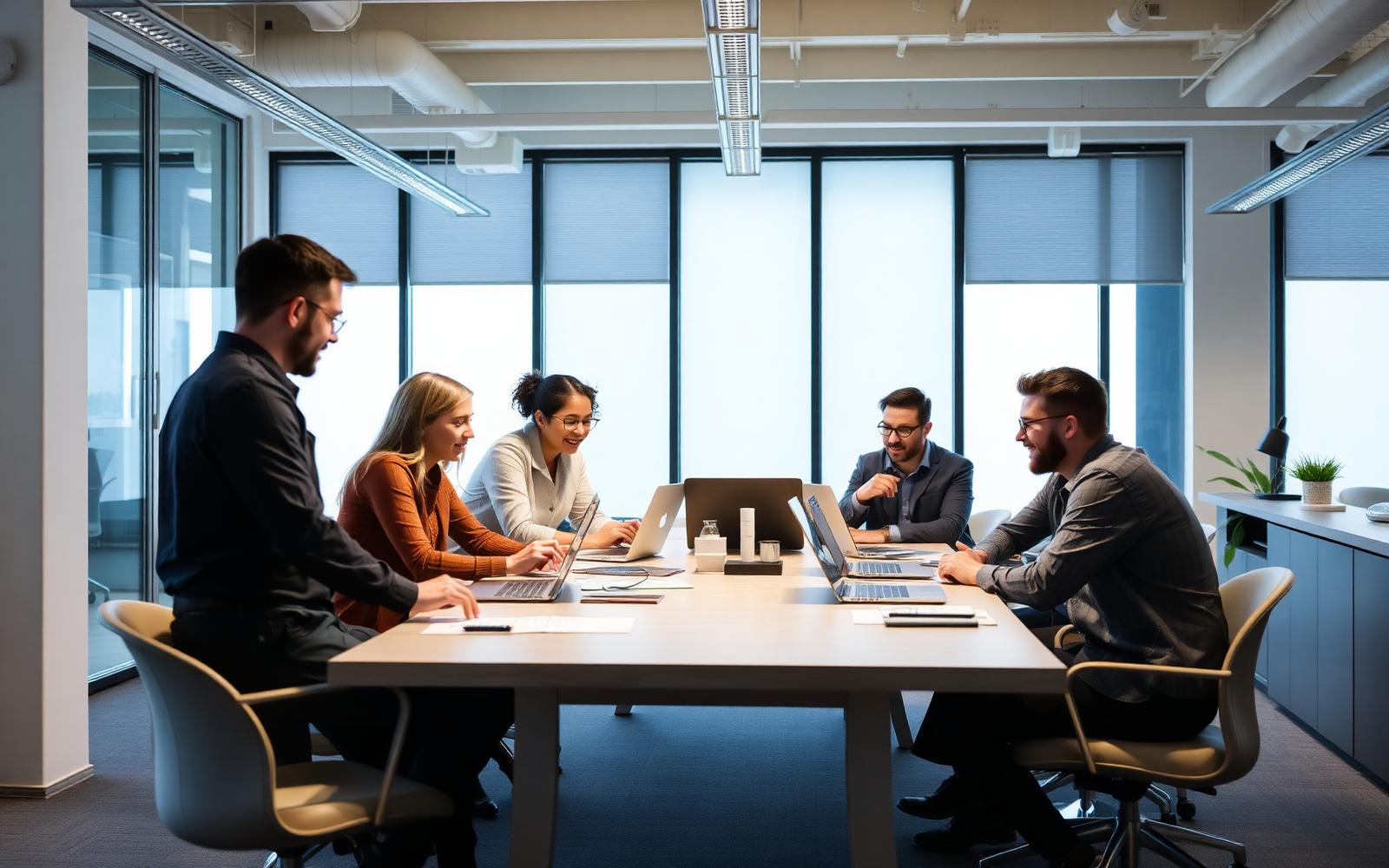 Technology professionals collaborating over laptops at a shared table in a modern office